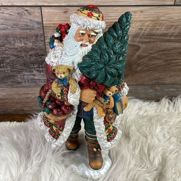 Vintage Resin Santa Holding Tree, Teddy Bear & Basket of Apples,Toy Bag on Back - Picture 1 of 9
